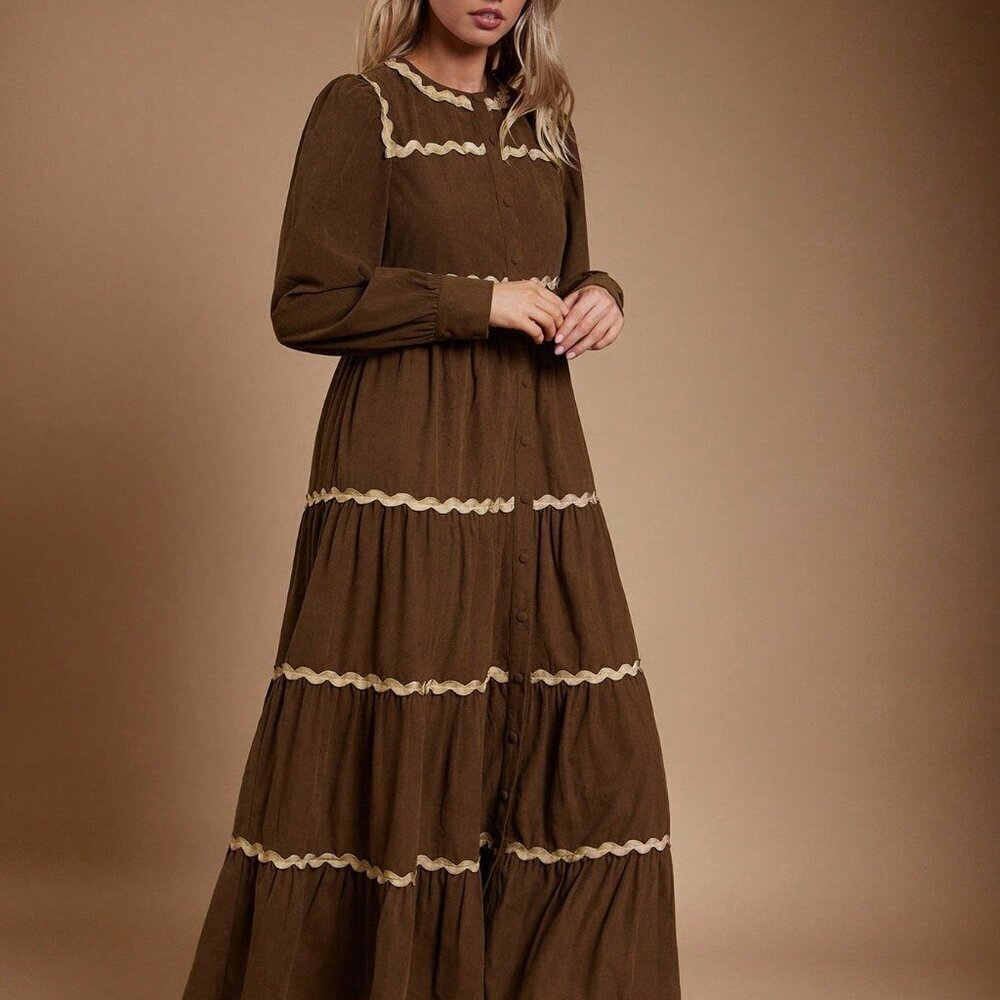 Brown Casual Women's Contrast Trim Crewneck Button Front Corduroy Maxi Dress